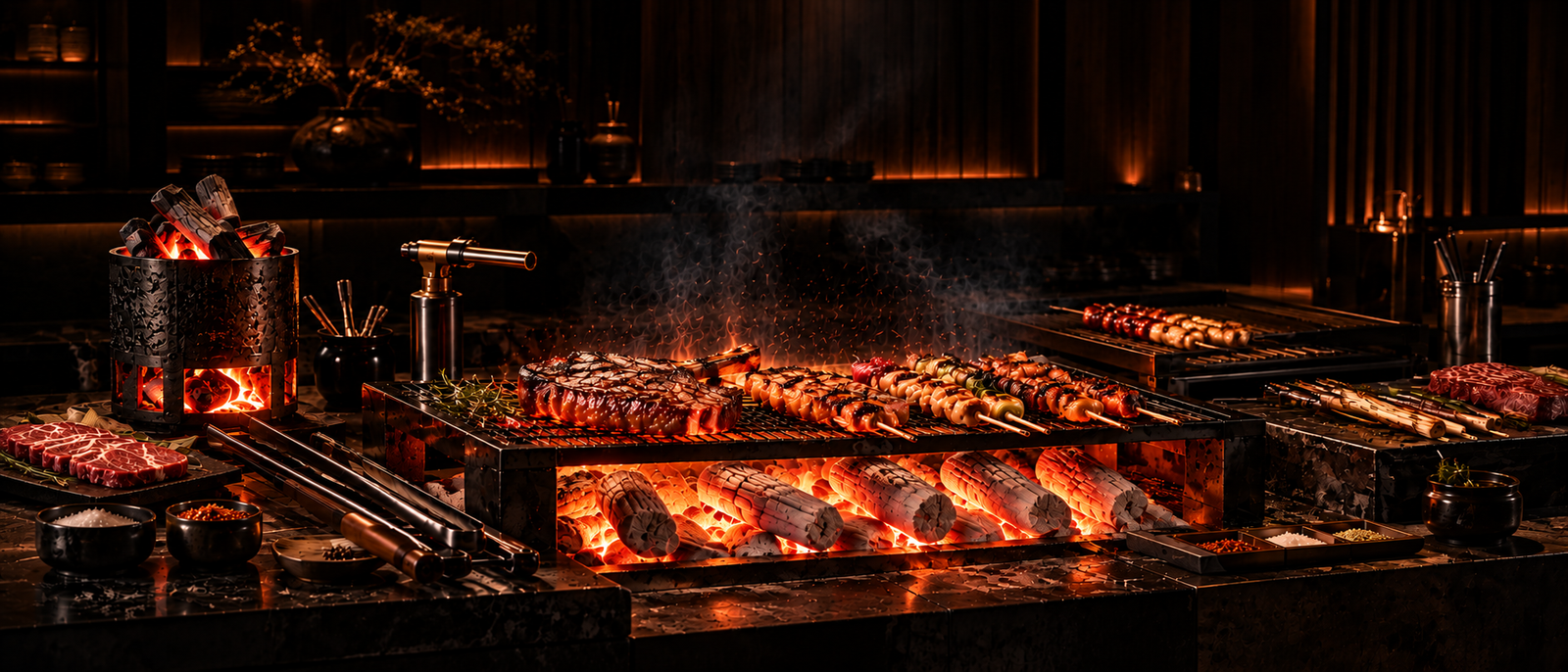 Binchotan charcoal burning inside the IGNIA grill